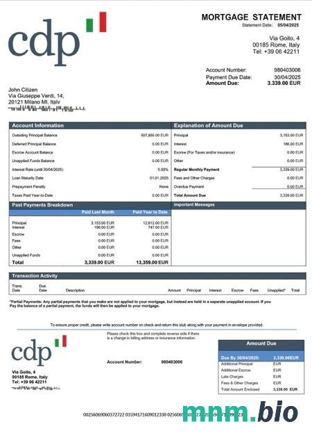Włochy Cassa Depositi e Prestiti wyciąg z kredytu hipotecznego szablon Word i PDF